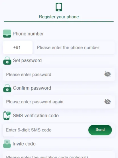 The BG678 registration screen on Android (invite code highlighted). Registering an account is quick and easy. 